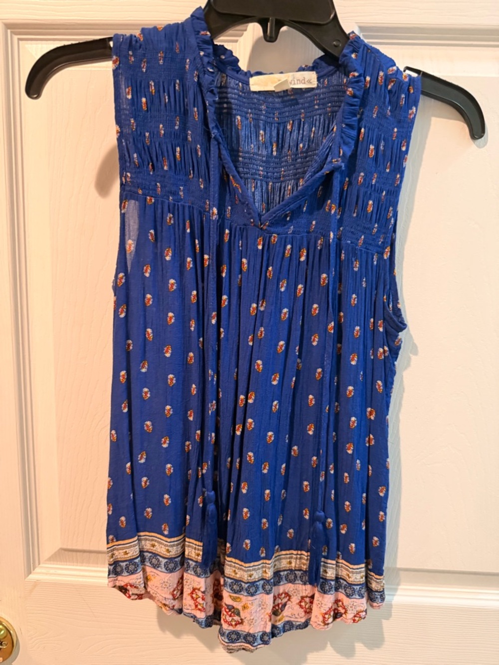 Rewind Royal Blue Printed Sleeveless Tank with Border Trim